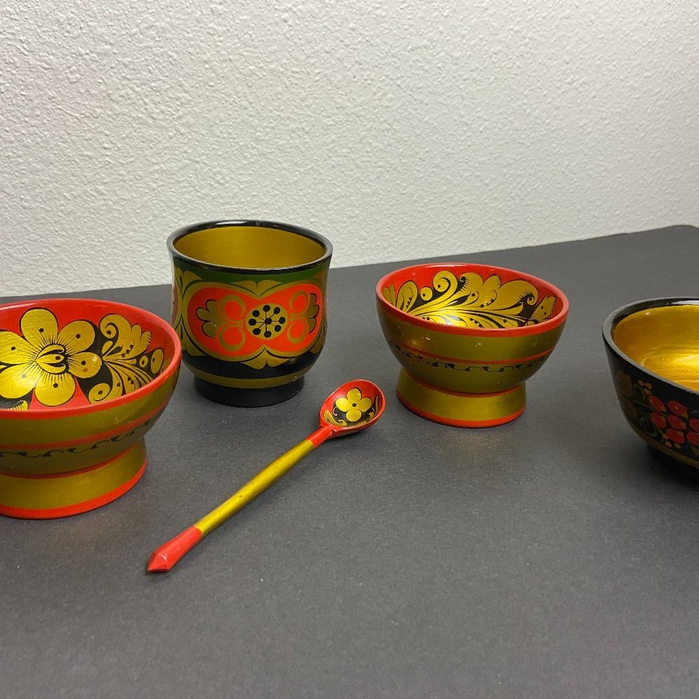 Mid-Century Khokhloma Dish Set Bowls Cup Spoon